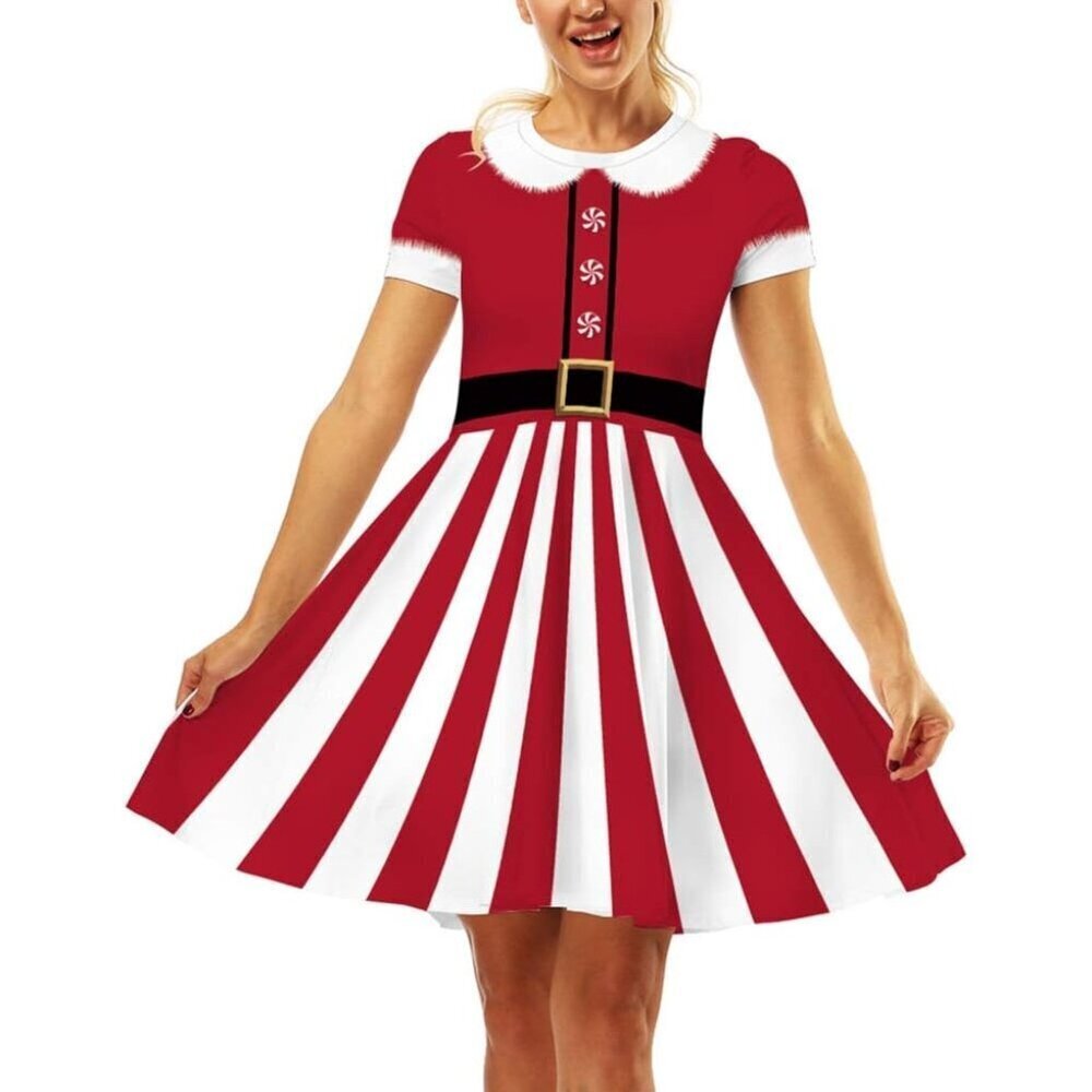 Women's Ugly Christmas Santa Dress 2 Santa Stripes Holiday Print Dress for Xmas